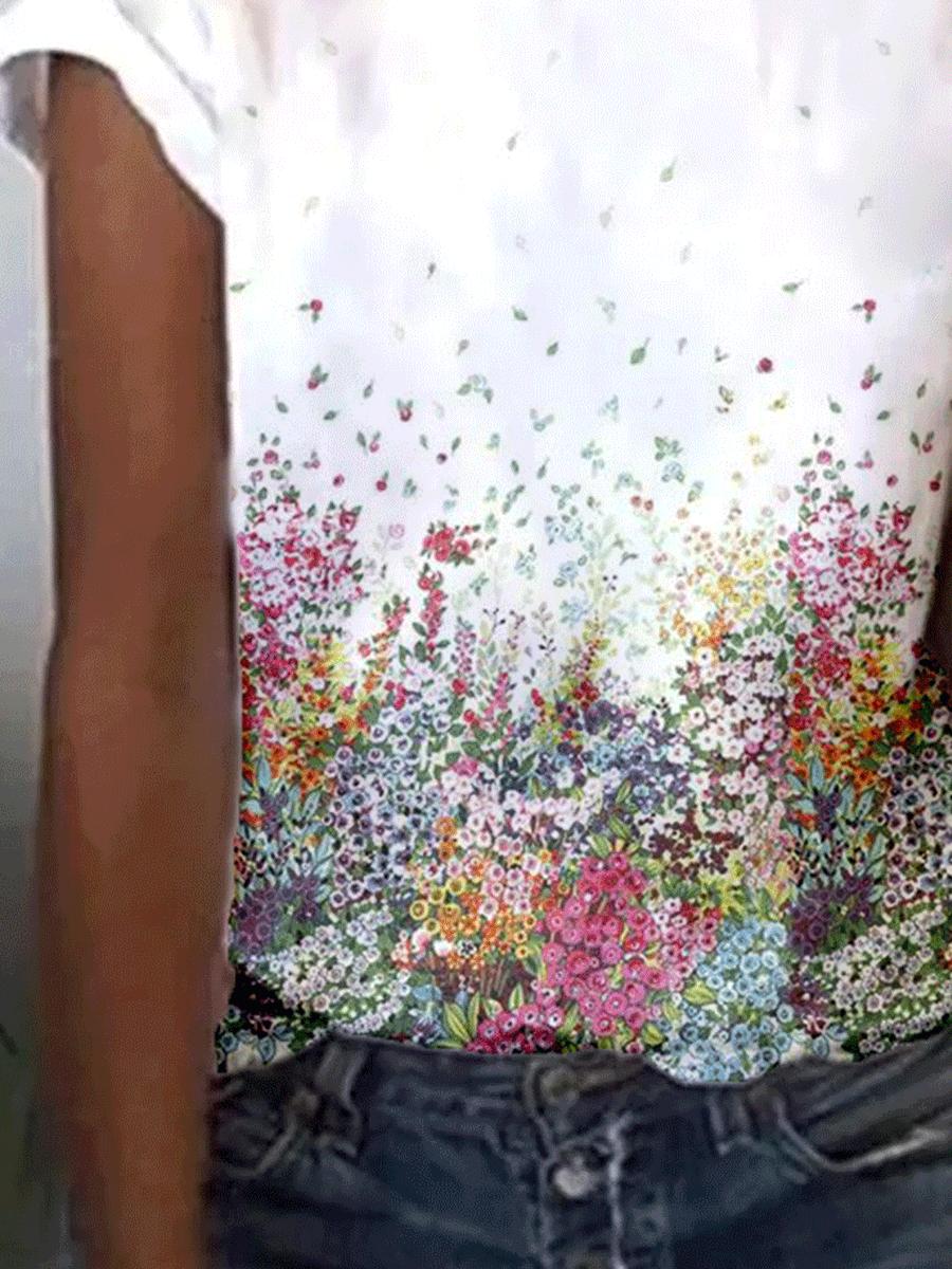 Casual Round Neck Flower Print Short-sleeved Loose T-shirt