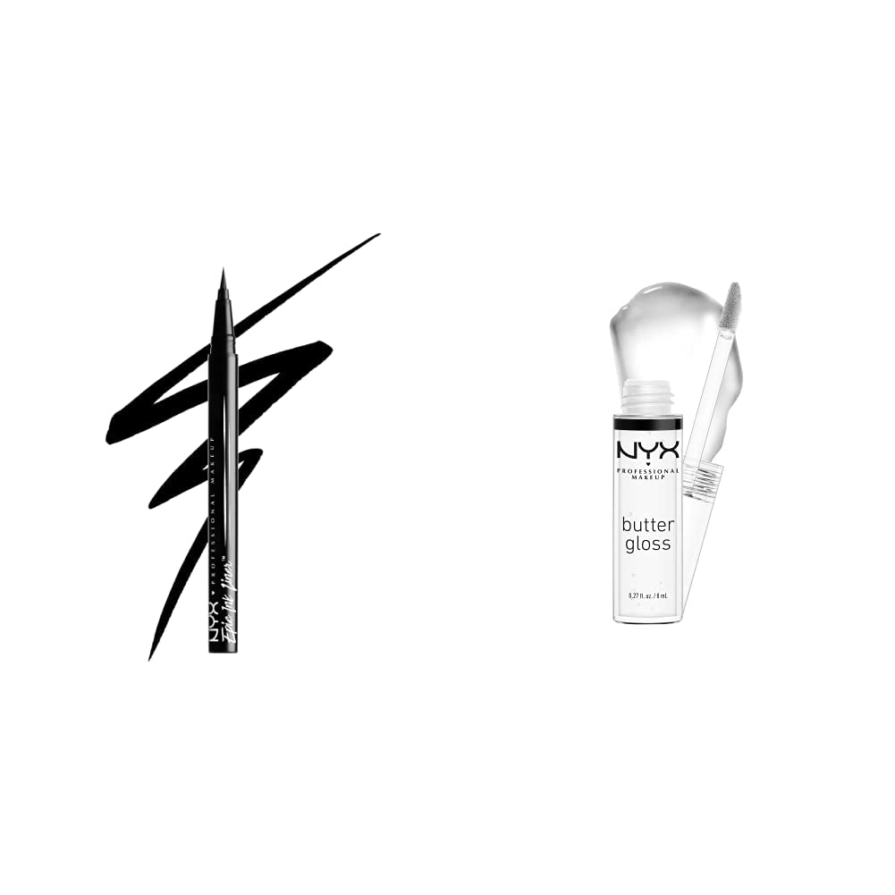 NYX PROFESSIONAL MAKEUP Epic Ink Liner, Waterproof Liquid Eyeliner - Black, Vegan Formula &amp; Butter Gloss, Non-Sticky Lip Gloss - Sugar Glass (Clear)