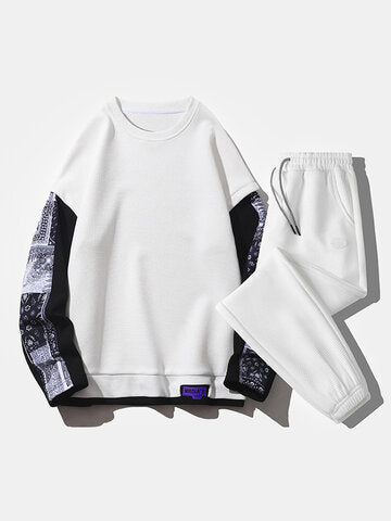 mens texture paisley print stitching sweatshirt casual pullover two pieces outfits