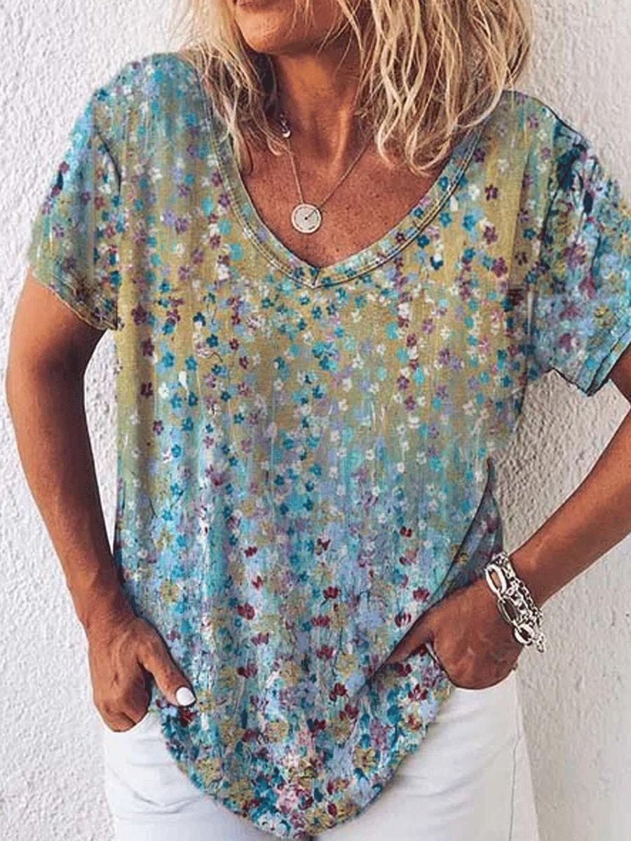 V-neck Printed Short-sleeved Casual Loose T-shirt