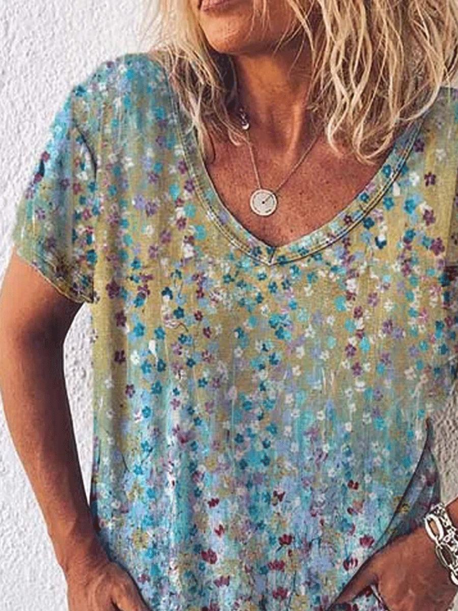 V-neck Printed Short-sleeved Casual Loose T-shirt