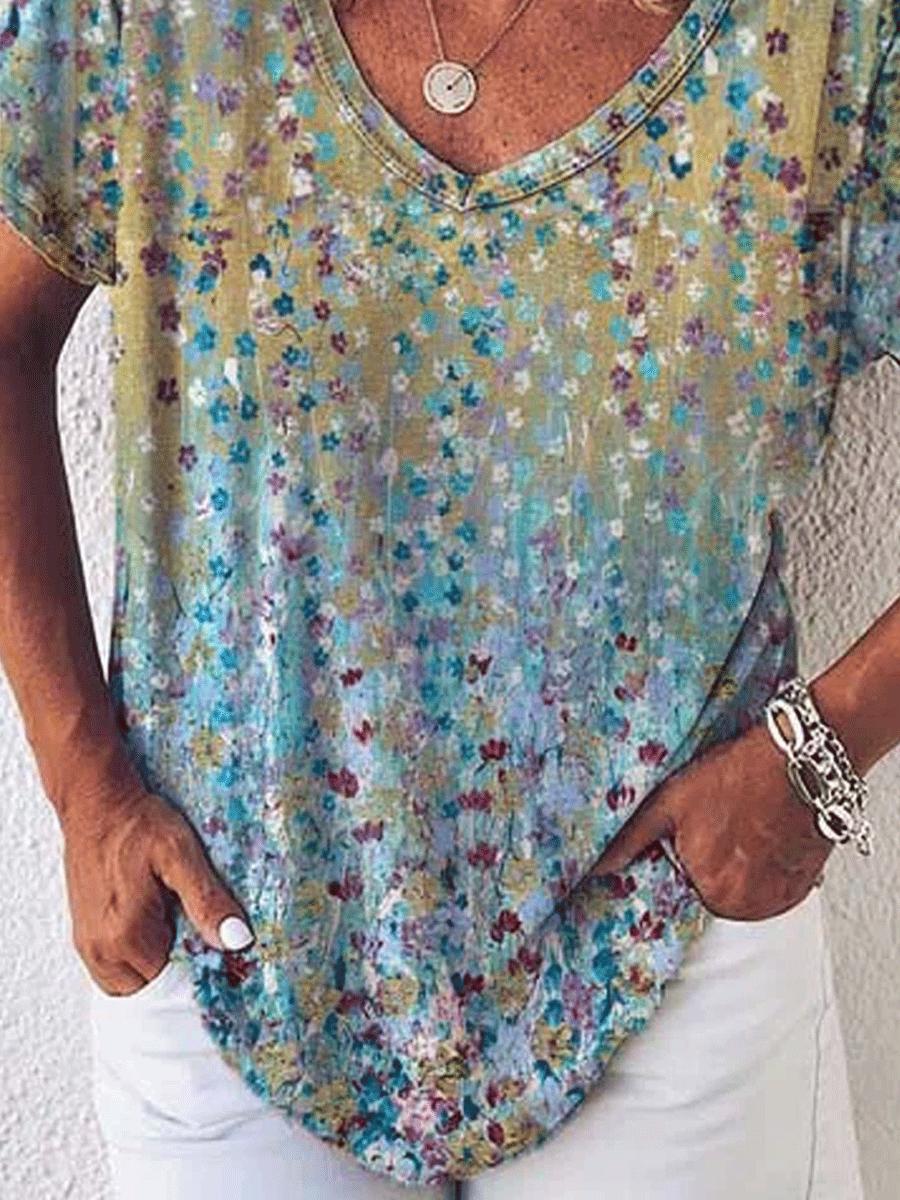 V-neck Printed Short-sleeved Casual Loose T-shirt