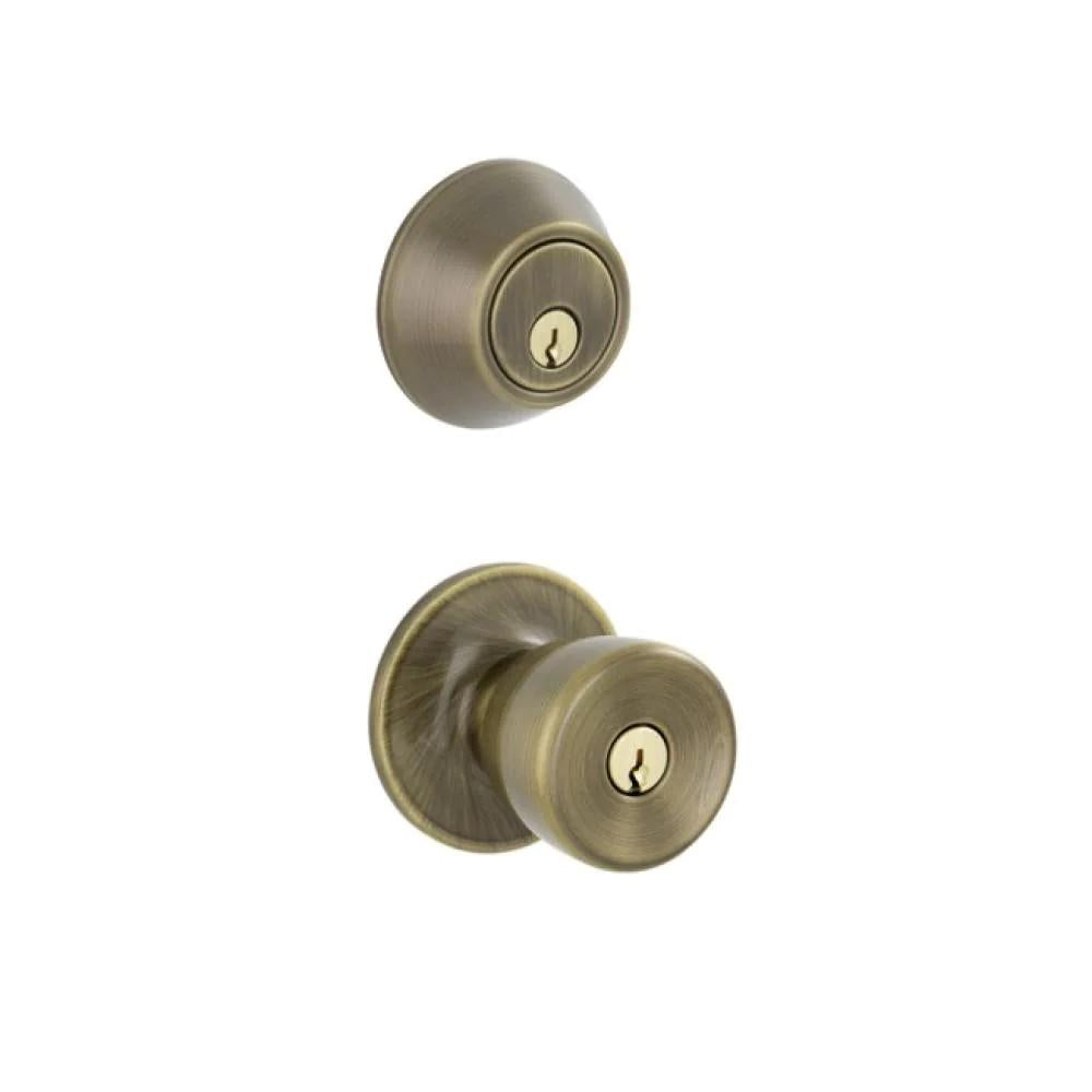 Antique Brass Single Cylinder Deadbolt and Brill Entry Door Knob Combo Pack