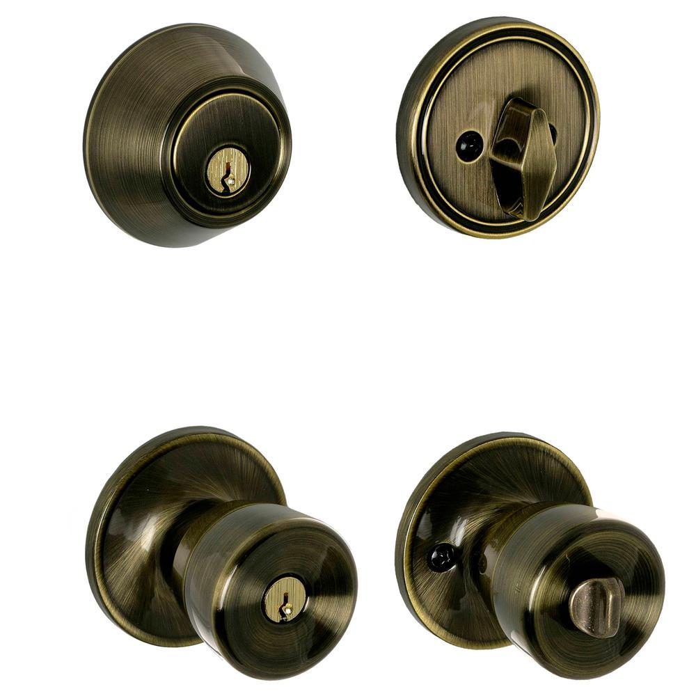 Antique Brass Single Cylinder Deadbolt and Brill Entry Door Knob Combo Pack