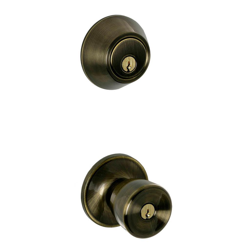Antique Brass Single Cylinder Deadbolt and Brill Entry Door Knob Combo Pack