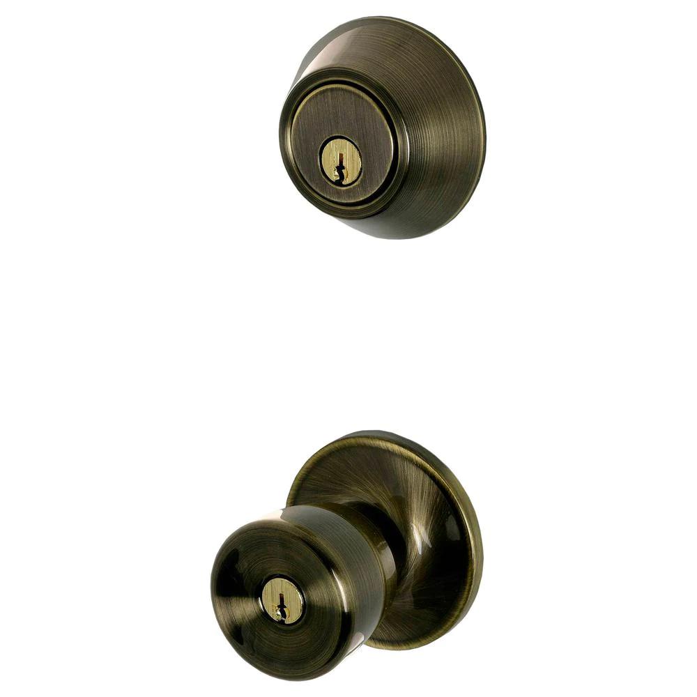 Antique Brass Single Cylinder Deadbolt and Brill Entry Door Knob Combo Pack