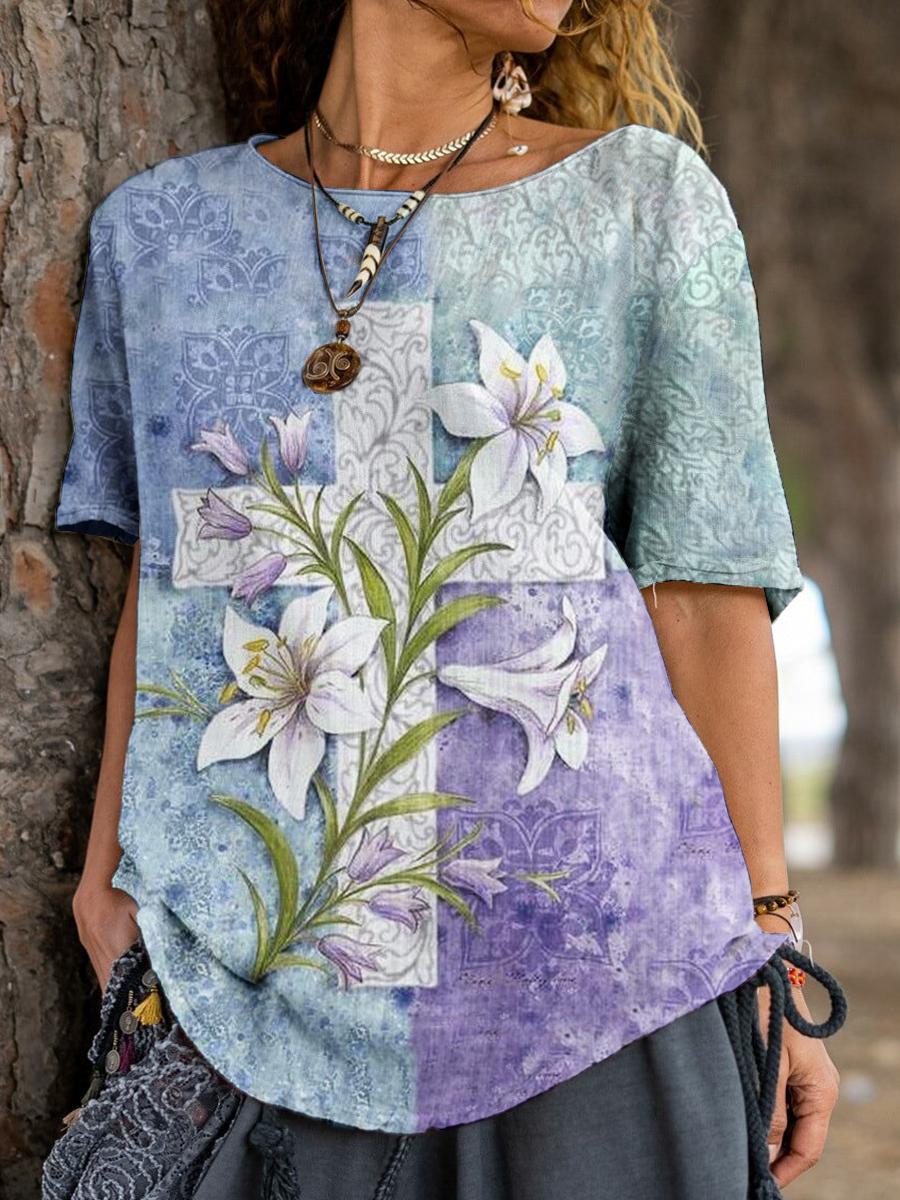 Casual Abstract Flower Printing Round-neck T-Shirt