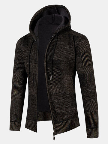 mens knitted zip front casual drawstring hooded cardigans with pocket