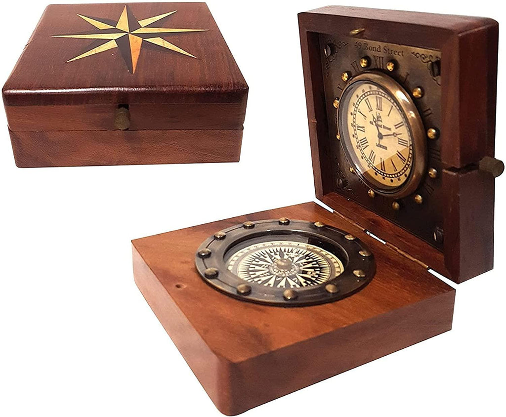 Antique Brass Compass in Wooden Box  Gift Item for Home Decor, Bedroom Outdoor Camping HiAntique Compass Navigation Tool by Unique Antique MART.