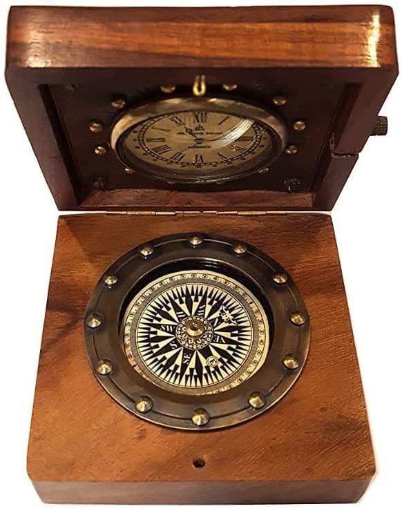 Antique Brass Compass in Wooden Box  Gift Item for Home Decor, Bedroom Outdoor Camping HiAntique Compass Navigation Tool by Unique Antique MART.