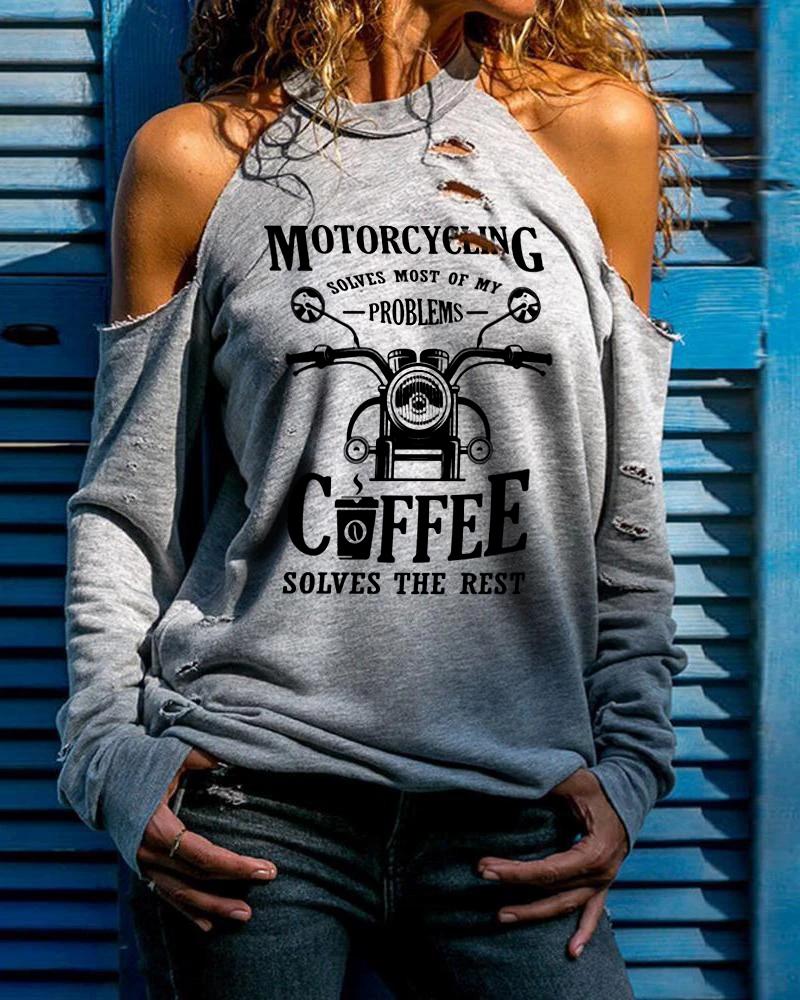 Womens Retro Motorcycle Riding Off Shoulder T-Shirt