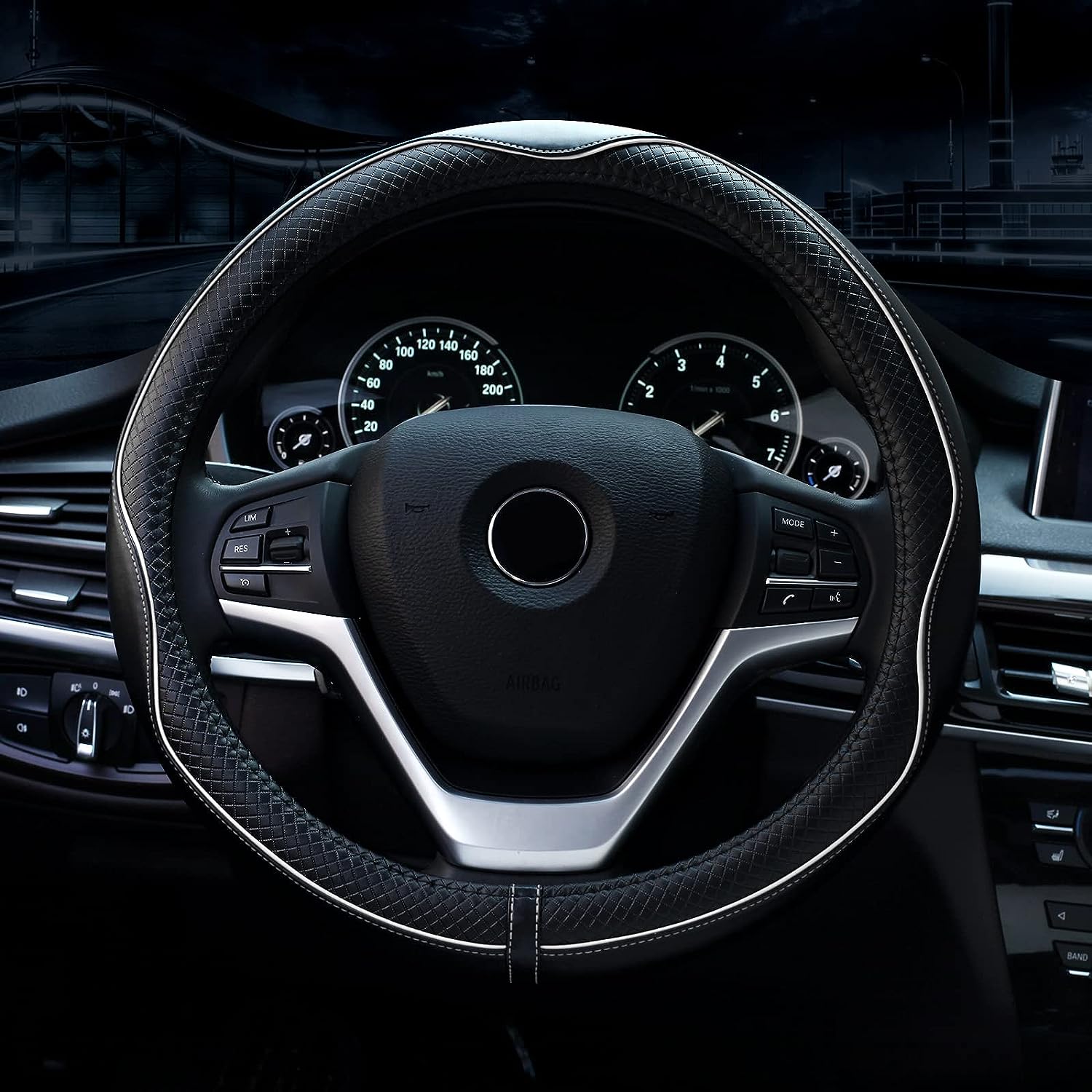 Valleycomfy Steering Wheel Covers Universal 15 inch - Genuine Leather, Breathable, Anti Slip &amp; Odor (White Line, M(14" 1/2-15" 1/4))