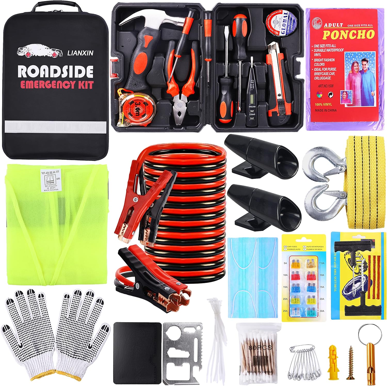 LIANXIN Roadside Emergency Car Kit- Emergency Roadside Kit for Car,Roadside Kit with Jumper Cables,Tow Strap,Car Tool Kit,Deer Whistles for Car,Emergency Truck Kit