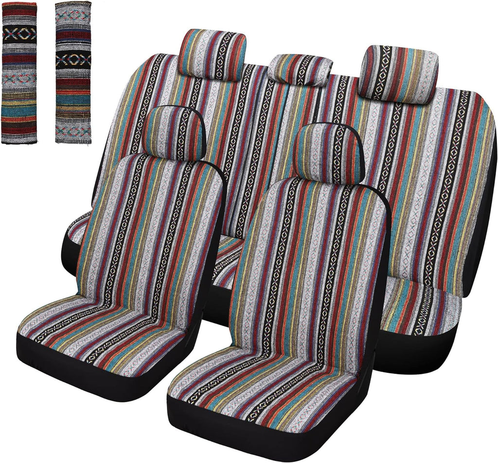 Pariitadin Baja Saddle Blanket Car Seat Covers Full Set with Seat Belt Pads, Washable Breathable Striped Woven Cloth Seat Covers for Cars Interior, Universal Fit Most Cars, Airbag Compatible, Red