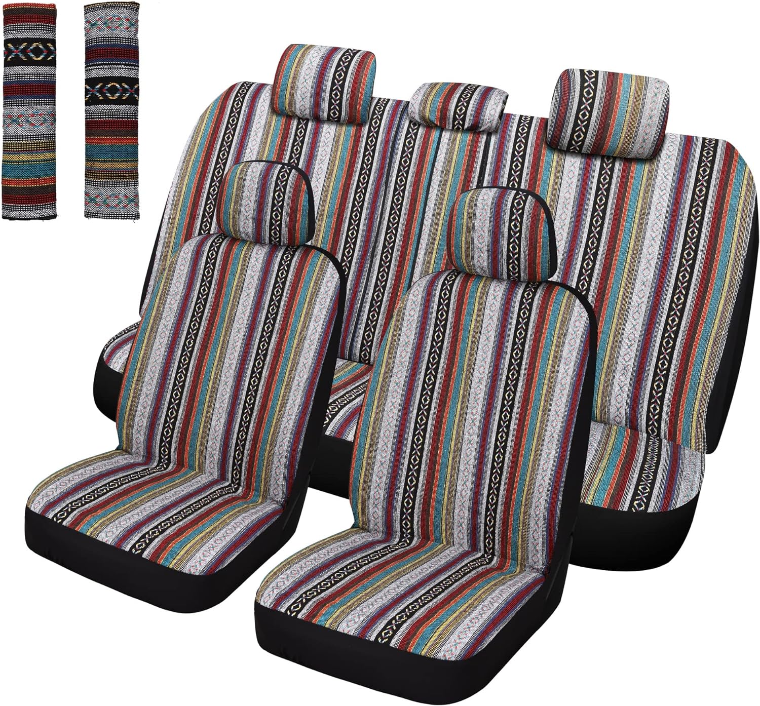 Pariitadin Baja Saddle Blanket Car Seat Covers Full Set with Seat Belt Pads, Washable Breathable Striped Woven Cloth Seat Covers for Cars Interior, Universal Fit Most Cars, Airbag Compatible, Red