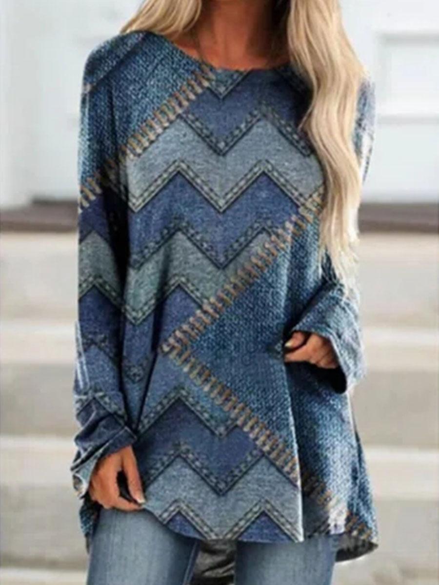 Fashion Striped Printed Round Neck Long Sleeve Casual T-Shirt