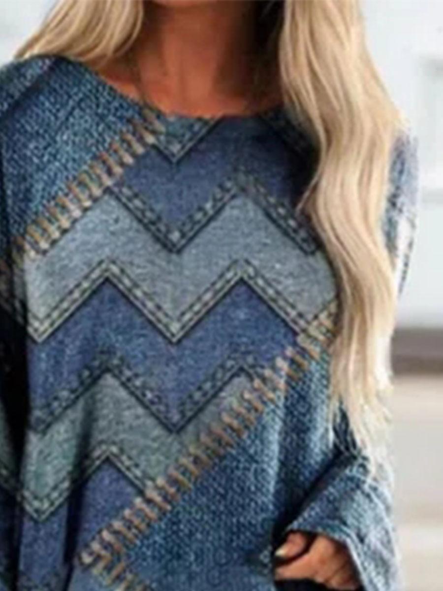 Fashion Striped Printed Round Neck Long Sleeve Casual T-Shirt
