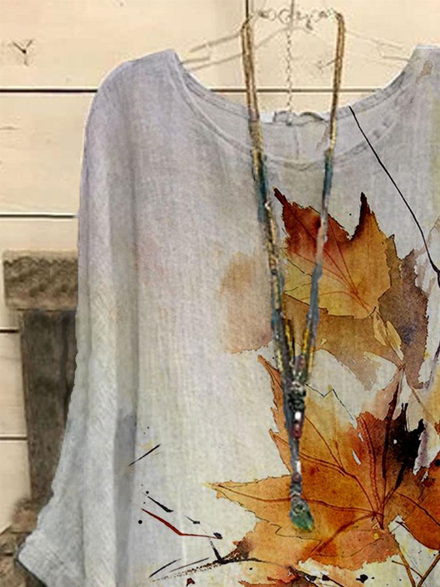 Casual Leaf Print Round Neck Long Sleeve Casual Blouse