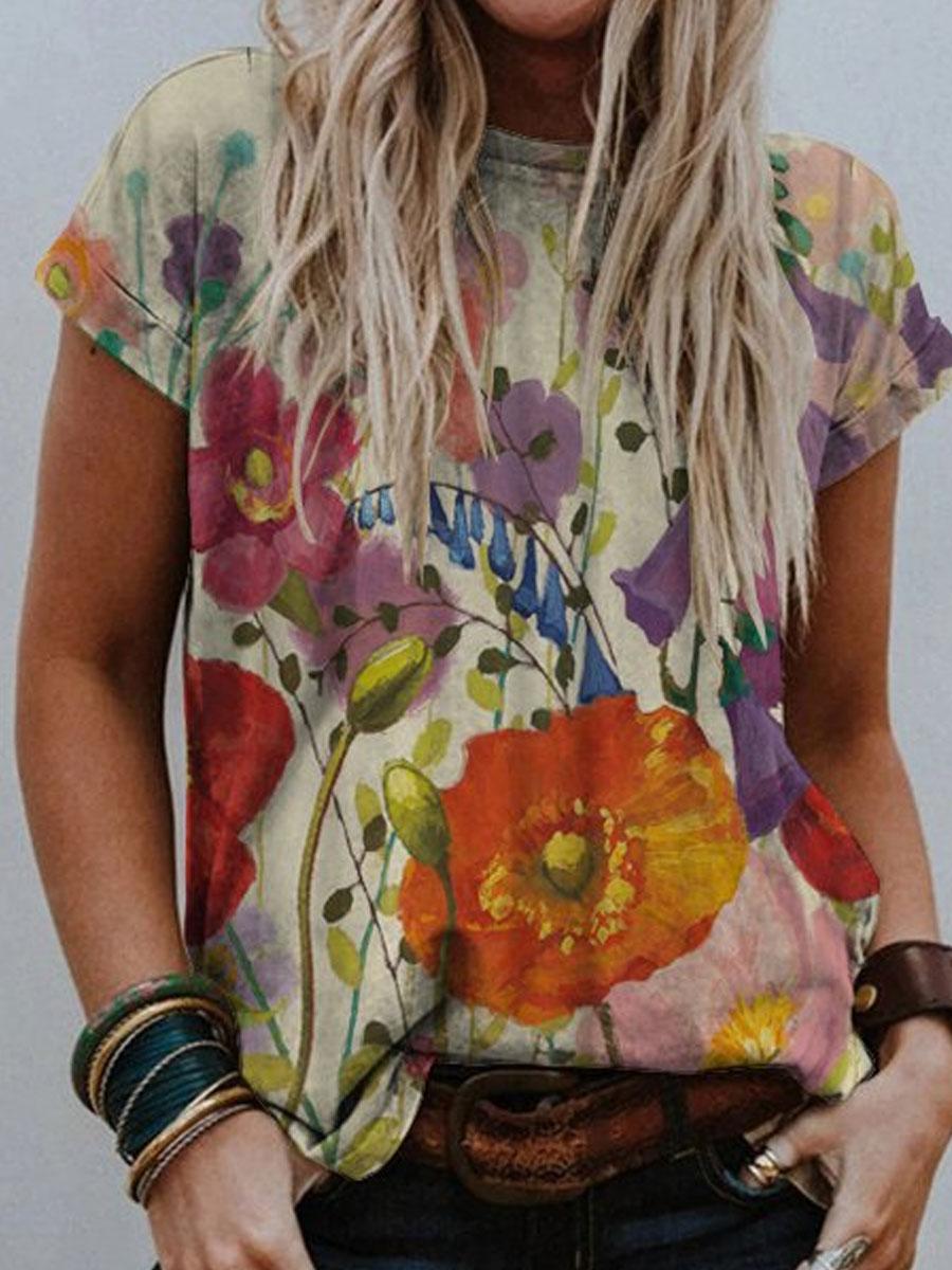 Round Neck Floral Print Loose Short Sleeve T-shirt