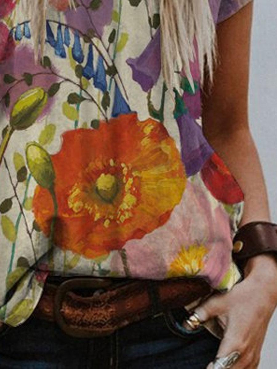 Round Neck Floral Print Loose Short Sleeve T-shirt