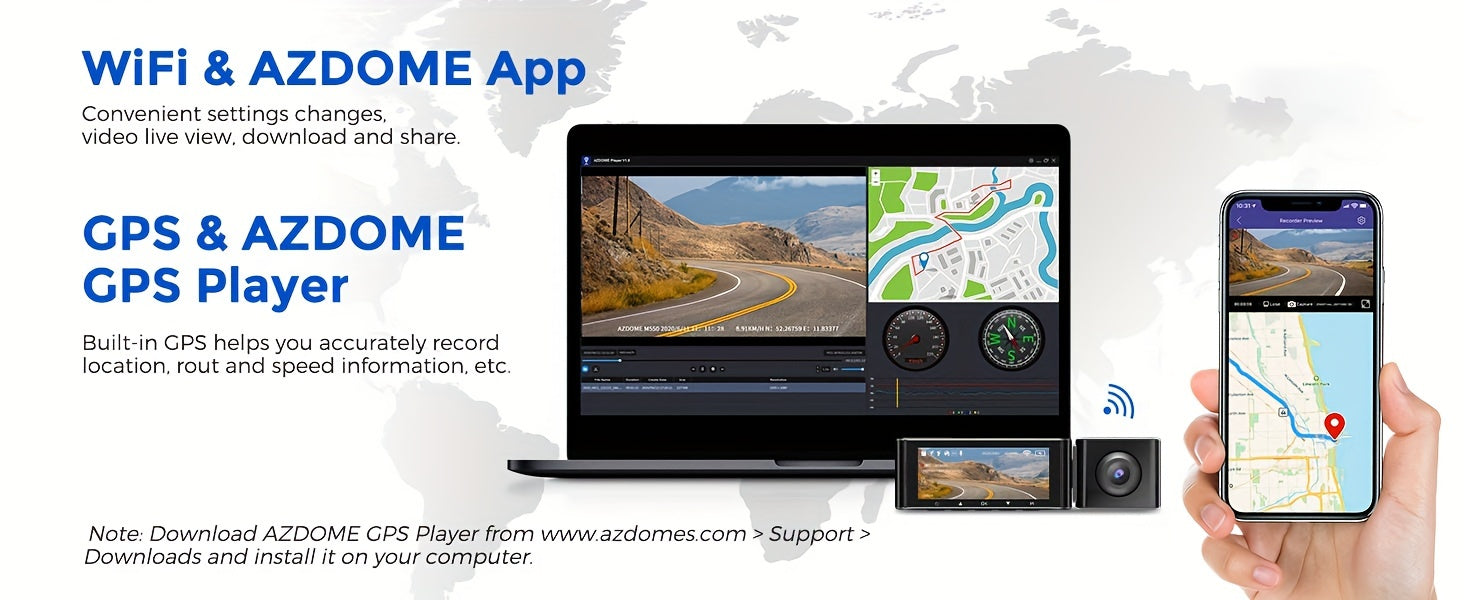 AZDOME M550 Dash Cam 3 Channel, 4K+1080P Dual , In WiFi GPS, With 64GB SD Card, ParMonitoring, Loop Recording,G-sensor Ultra HD Car Cam