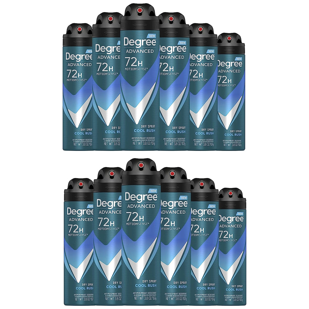 Degree Men Advanced Antiperspirant Deodorant Dry Spray Cool Rush, Pack of 12, 72-Hour Sweat and Odor Protection Deodorant for Men With MotionSenseTechnology 3.8 oz