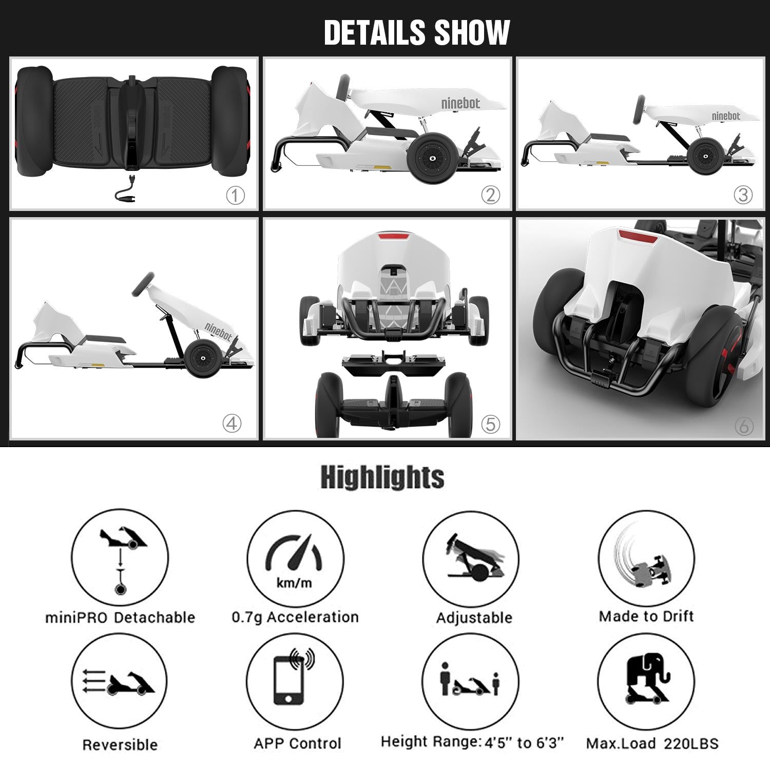 Ninebot GoKart Kit Fitting for Segway miniPRO Transporter (  Self Balancing Scooter Excluded ), Big Racing Ride on Car Toy  for Kids and s White
