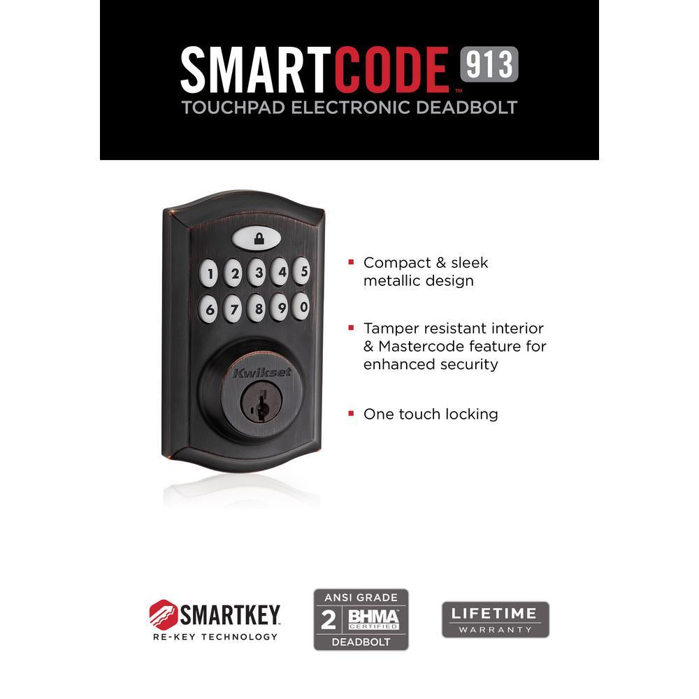 SmartCode Venetian Bronze Single Cylinder Electronic Deadbolt featuring SmartKey Security and Juno PassaKnob