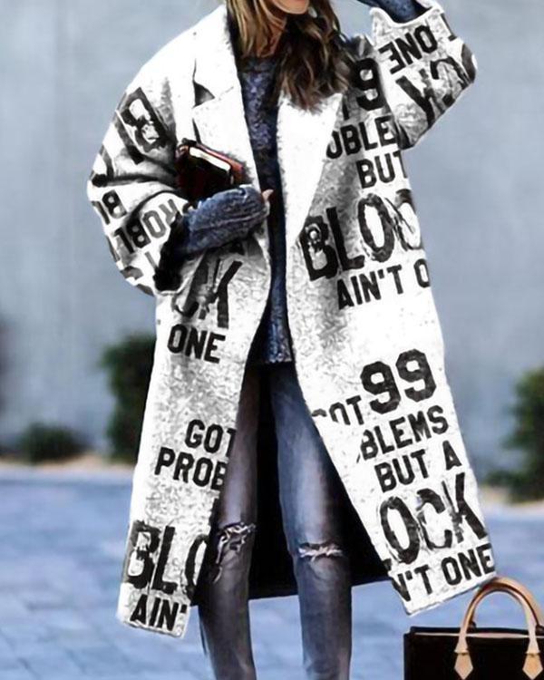 lapel plaid letter calf-length loose fit overcoat with pockets