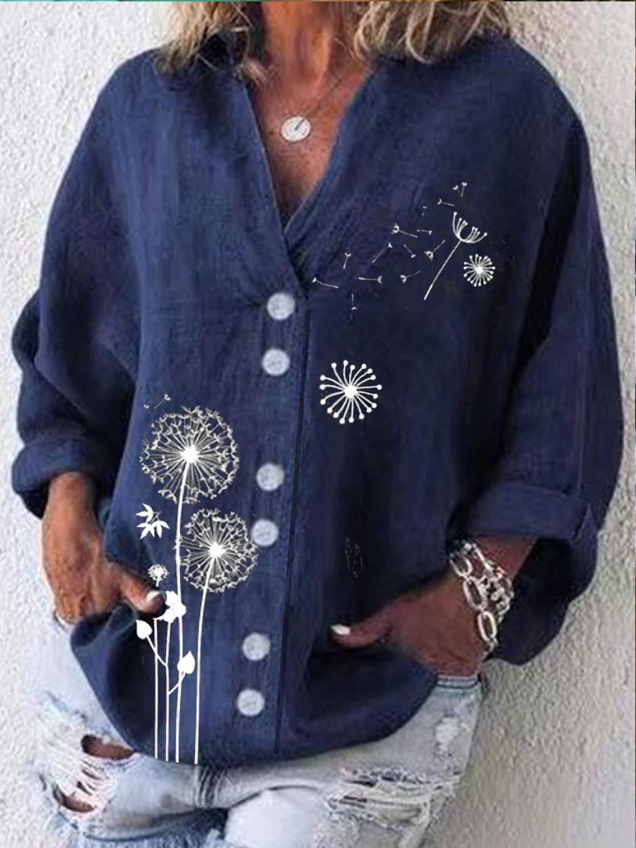 V-neck Cotton And Dandelion Print Long-sleeved Blouse