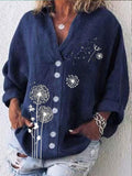 V-neck Cotton And Dandelion Print Long-sleeved Blouse