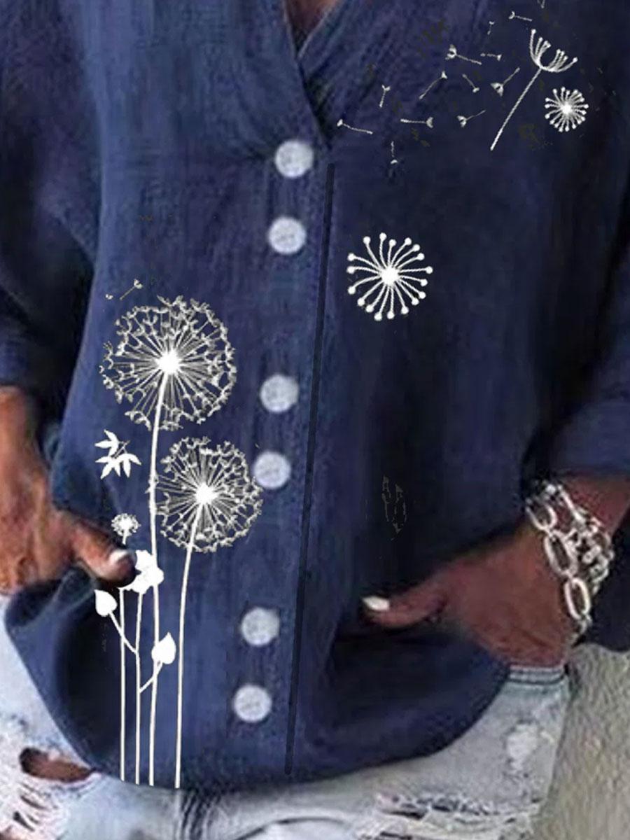 V-neck Cotton And Dandelion Print Long-sleeved Blouse