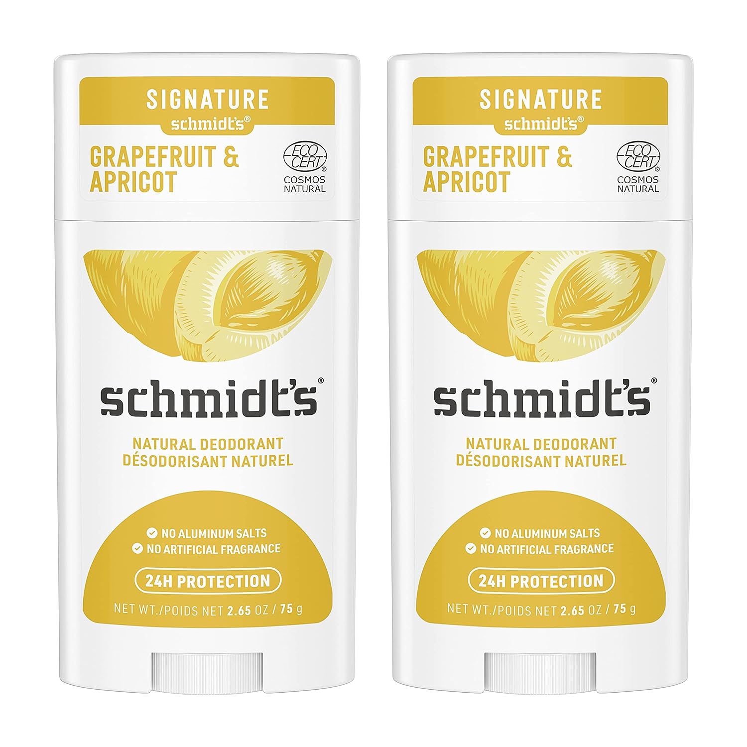 Schmidt's 100% Natural Origin Ingredient Deodorant Stick Grapefruit &amp; Apricot 2 Count For 24-Hour Odor Protection 2.65oz