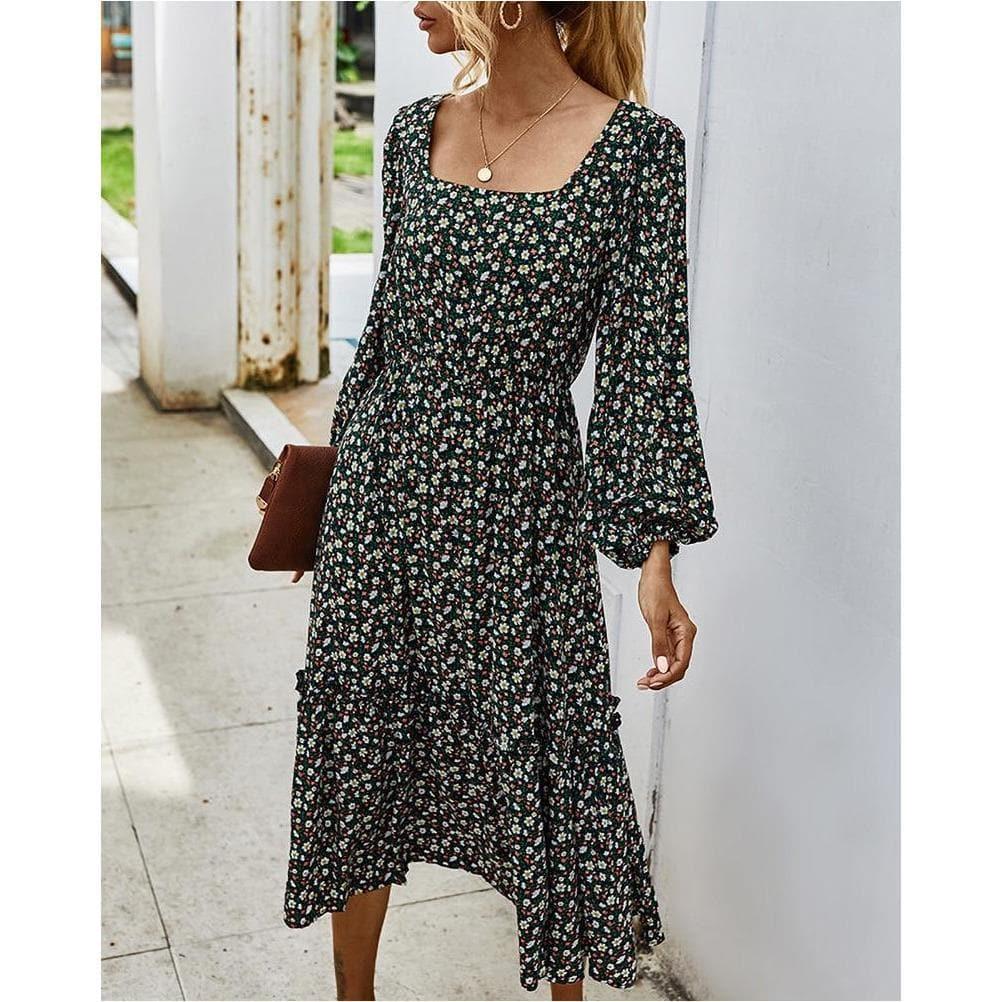 elegant long sleeve flower square collar dress