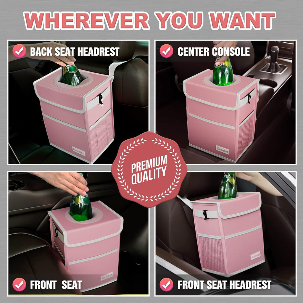 K KNODEL Car Trash Can, Waterproof Garbage Bag with Lid, Leak-Proof Car Trash Bin, Car Trash Hanging (Pink, Medium)