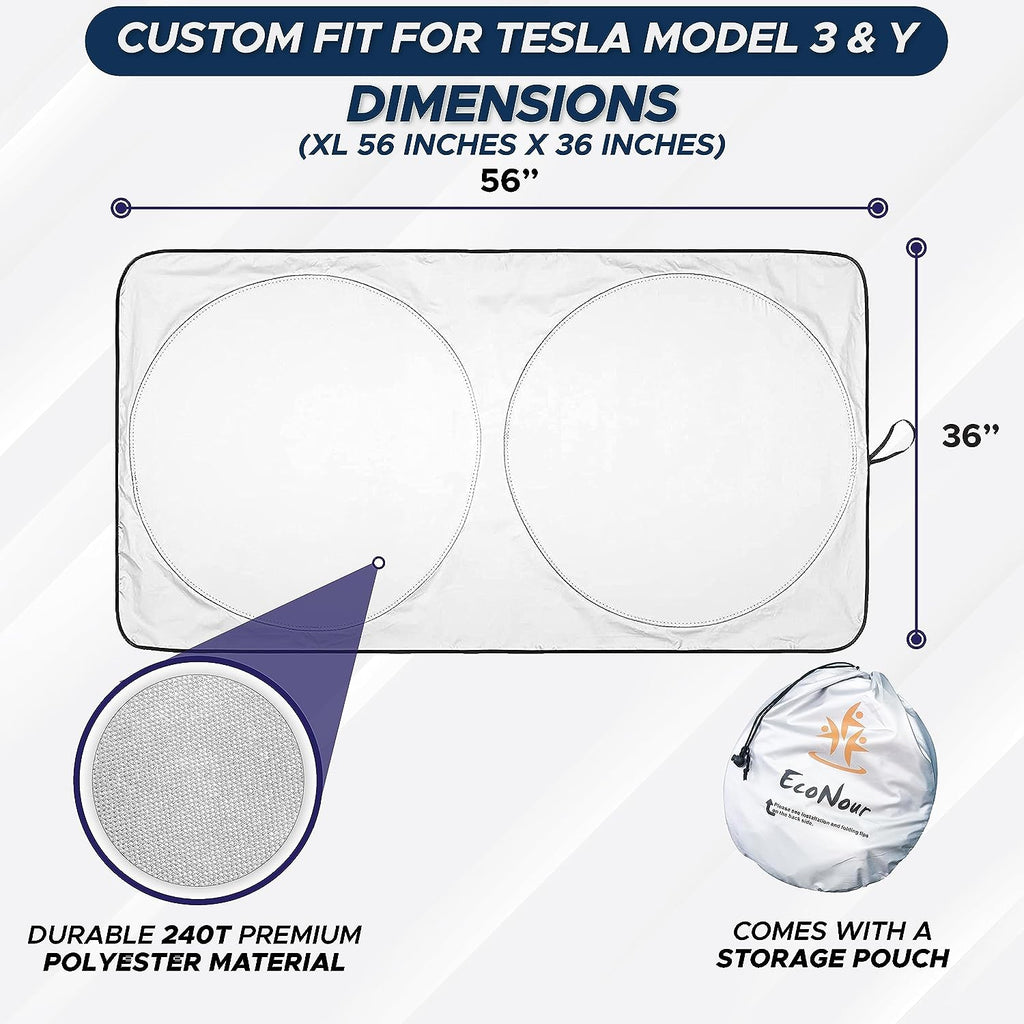EcoNour Windshield Sun Shade for Tesla Model 3/Y Cars | 240T Polyester Shield Sunshade | Upgraded Sunshade for Front Window | Interior Tesla Accessories for Summer | XL (56 x 36 Inches)
