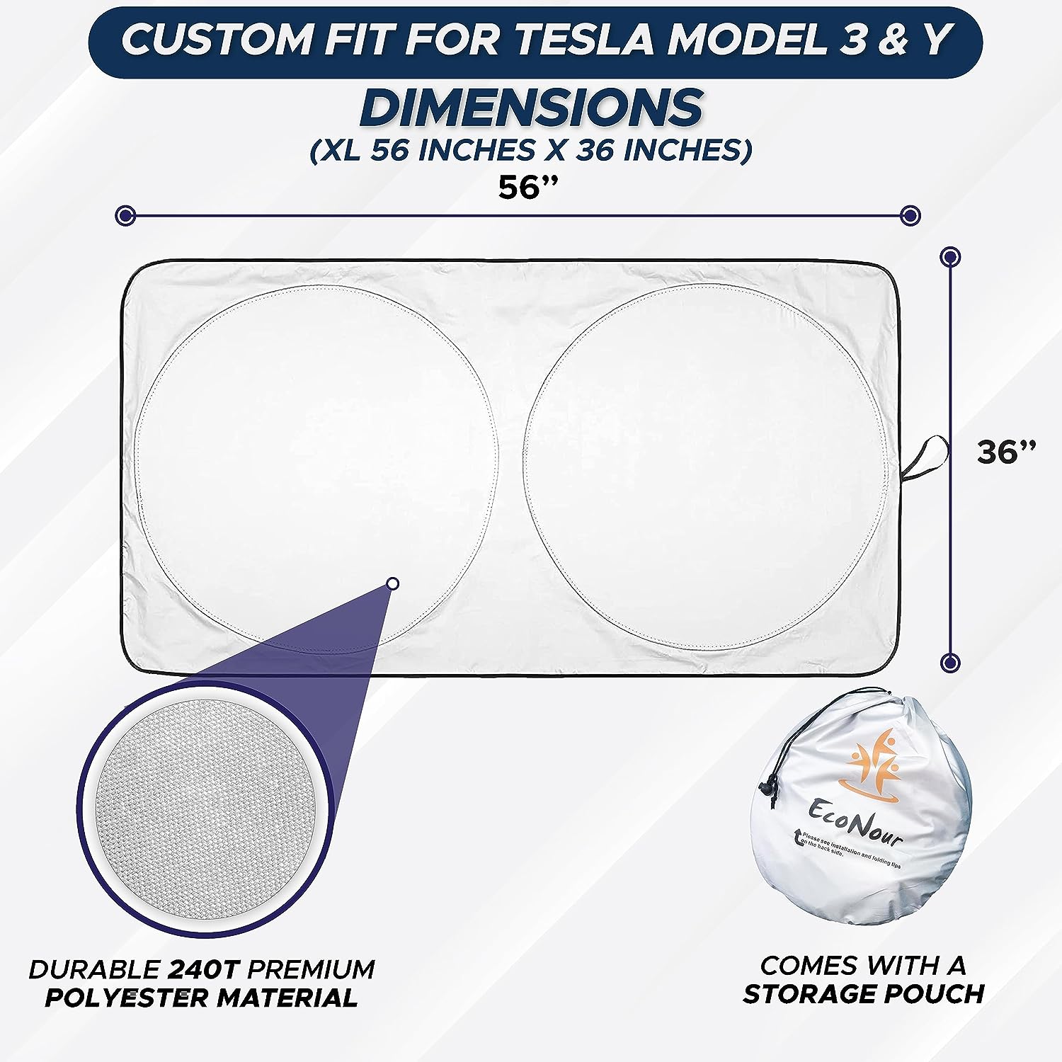EcoNour Windshield Sun Shade for Tesla Model 3/Y Cars | 240T Polyester Shield Sunshade | Upgraded Sunshade for Front Window | Interior Tesla Accessories for Summer | XL (56 x 36 Inches)