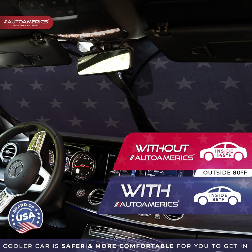 Autoamerics 1-Piece Windshield Sun Shade American Stars Flag USA Patriotic  - Foldable Car Front Window Sunshade for Sedans SUV Truck - Blocks Max UV Rays and Keeps Your Vehicle Cool - Small