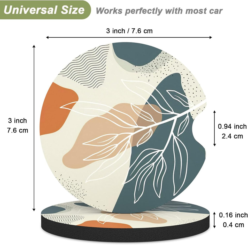 Nipichsha Car Cup Holder Coasters, Car Coasters for Cup Holders, 2 Pack Anti Slip Insert Coasters, Rubber Car Cup Mat with A Finger Notch, Cute Car Interior Accessories for Women (Abstract Boho Leaf)