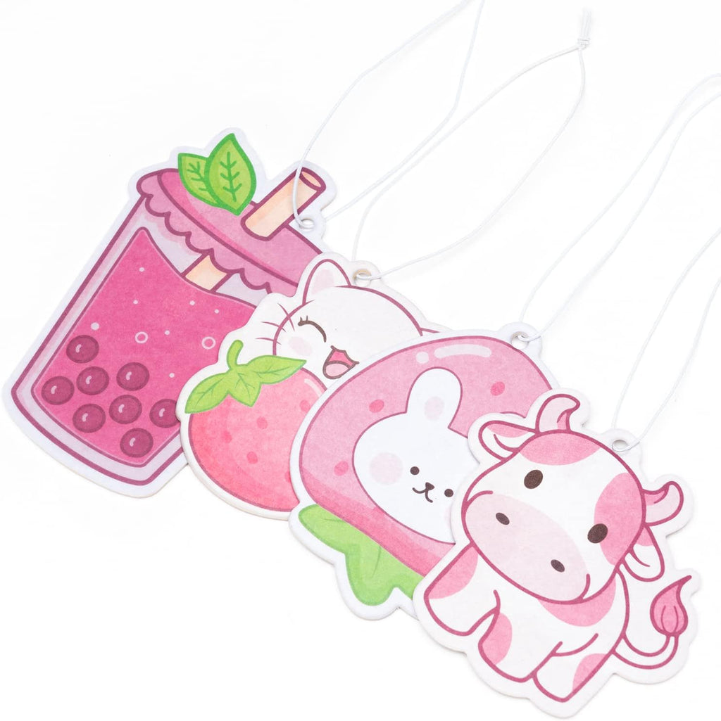 Car Air Freshener Kawaii Strawberry Incense Chips Scented Ornament, Car Rearview Mirror Pendant, 4 Styles and Scents Of Bubble Tea Strawberry Milk Hanging Ornament Vent Decoration Cute Aromatic For Party Supplies