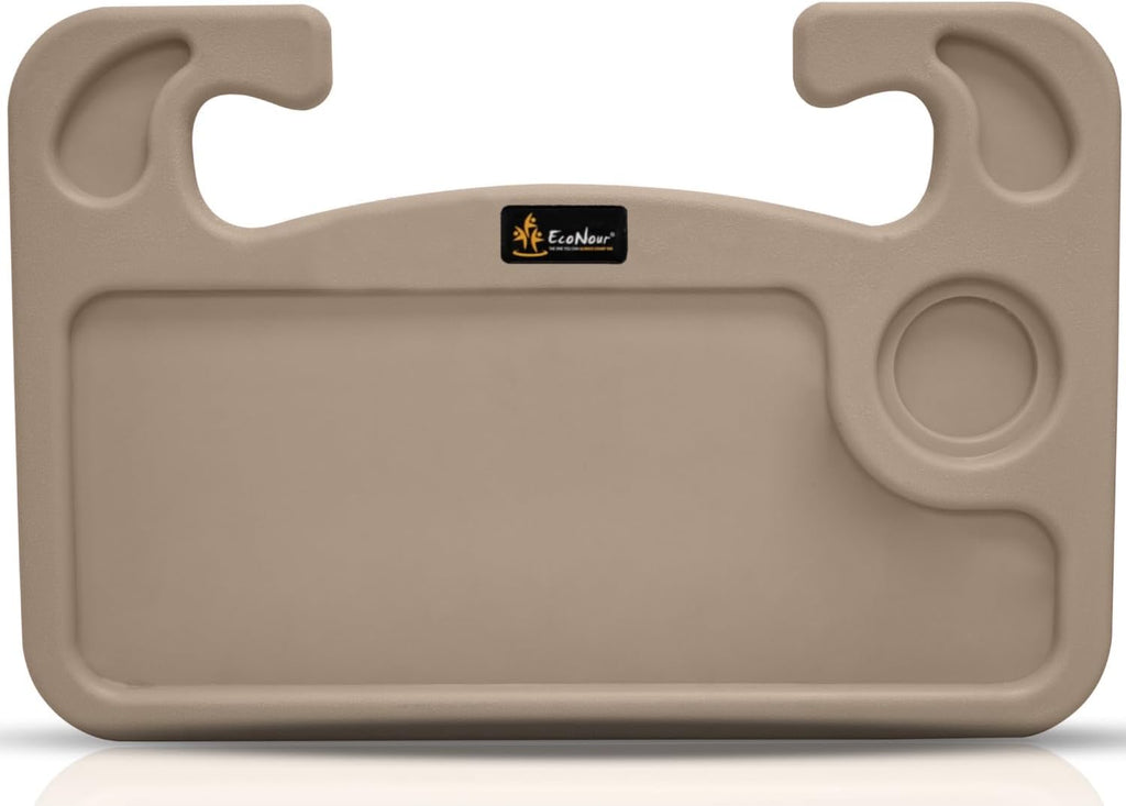 EcoNour 2 in 1 Car Steering Wheel Desk (Beige) | Steering Wheel Tray for Laptop Car Mount with Pen Holder | Car Food Tray for Eating with Drinks Holder | Multipurpose Travel Car Accessories