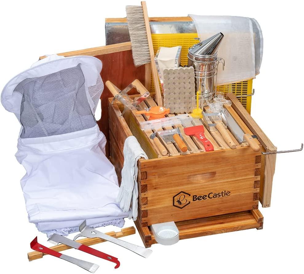 8-Frame Bee Hives and Supplies Starter Kit,Beehive Kit Dipped in Beeswax,Bee Keeping Supplies-All Beginners Kit Includes Beekeeping Supplies Tool Set and Bee Suit.
