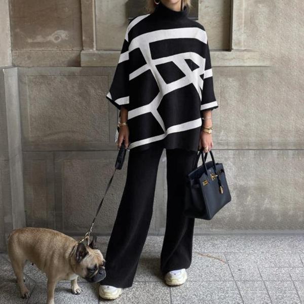 Women's Fashion Irregular Black And White Block Printing Suit