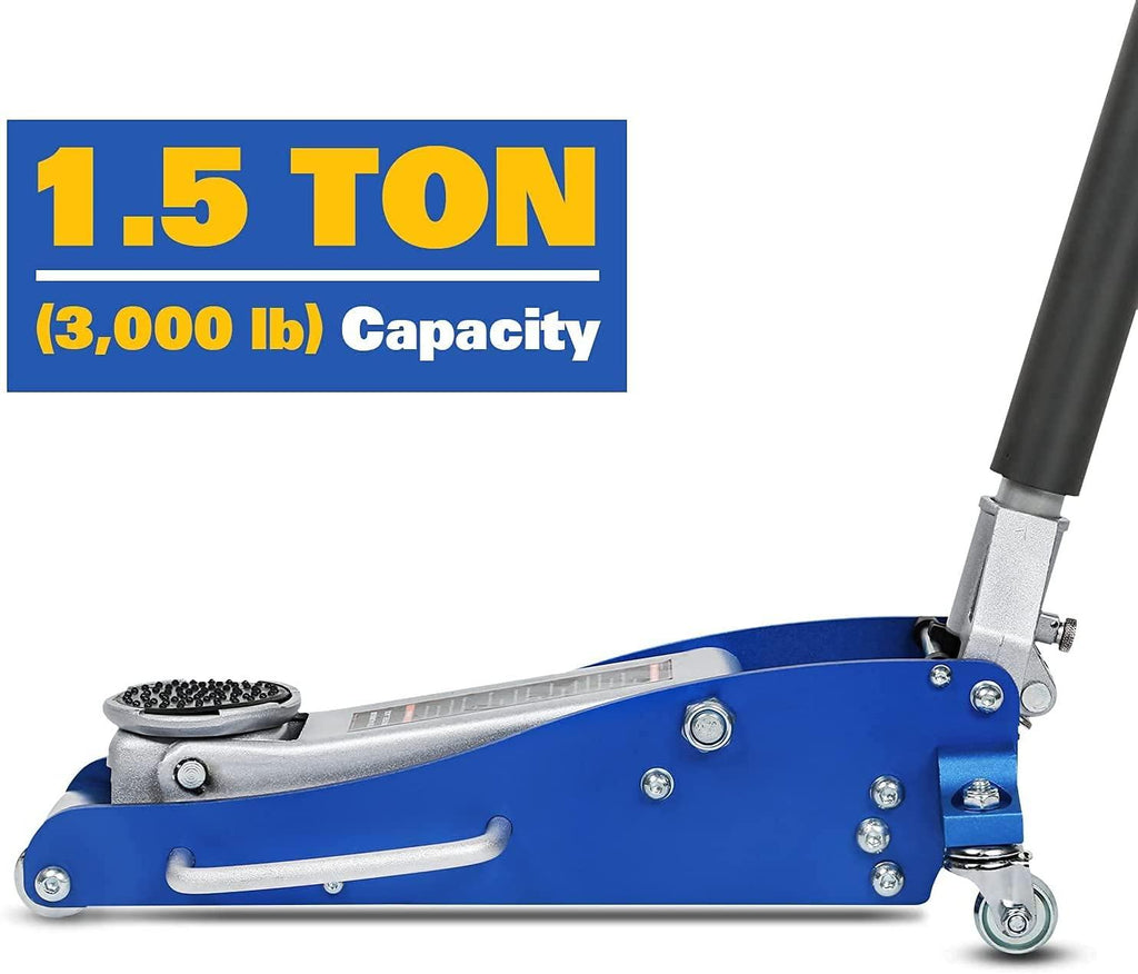 Aluminum and Steel Floor Jack, Low Profile Hydraulic Racing Floor Jack with Dual Piston Rapid Pump, 1.5 Ton Capacity (3,000 lb) , Blue