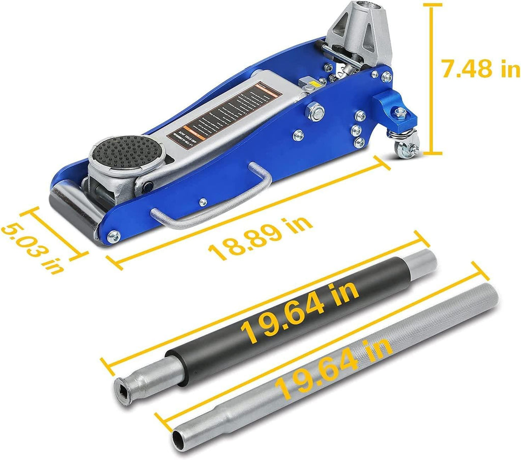 Aluminum and Steel Floor Jack, Low Profile Hydraulic Racing Floor Jack with Dual Piston Rapid Pump, 1.5 Ton Capacity (3,000 lb) , Blue