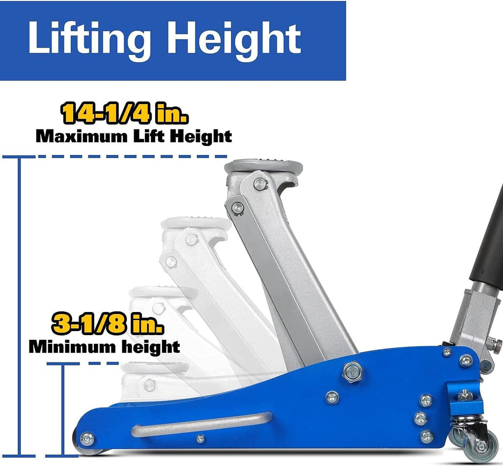 Aluminum and Steel Floor Jack, Low Profile Hydraulic Racing Floor Jack with Dual Piston Rapid Pump, 1.5 Ton Capacity (3,000 lb) , Blue