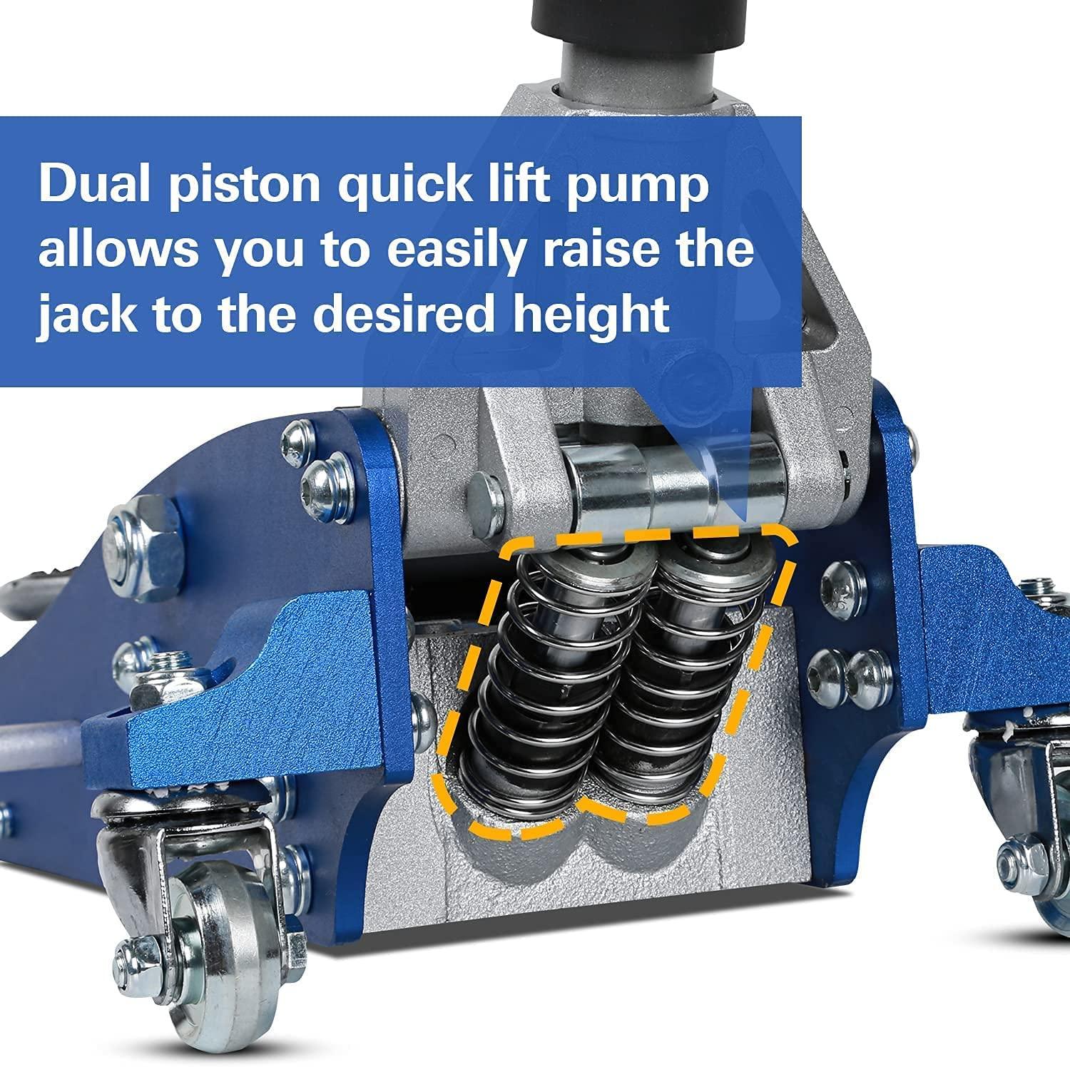 Aluminum and Steel Floor Jack, Low Profile Hydraulic Racing Floor Jack with Dual Piston Rapid Pump, 1.5 Ton Capacity (3,000 lb) , Blue