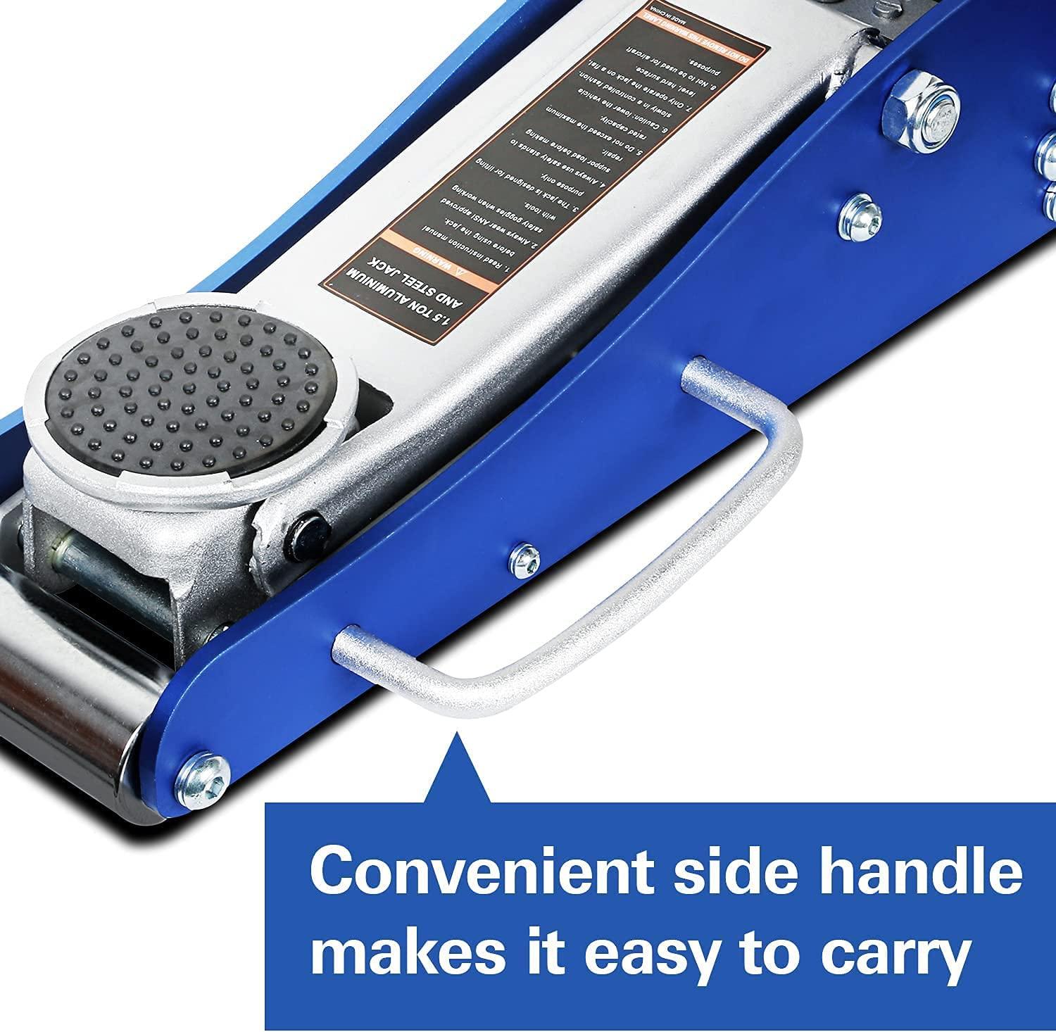 Aluminum and Steel Floor Jack, Low Profile Hydraulic Racing Floor Jack with Dual Piston Rapid Pump, 1.5 Ton Capacity (3,000 lb) , Blue