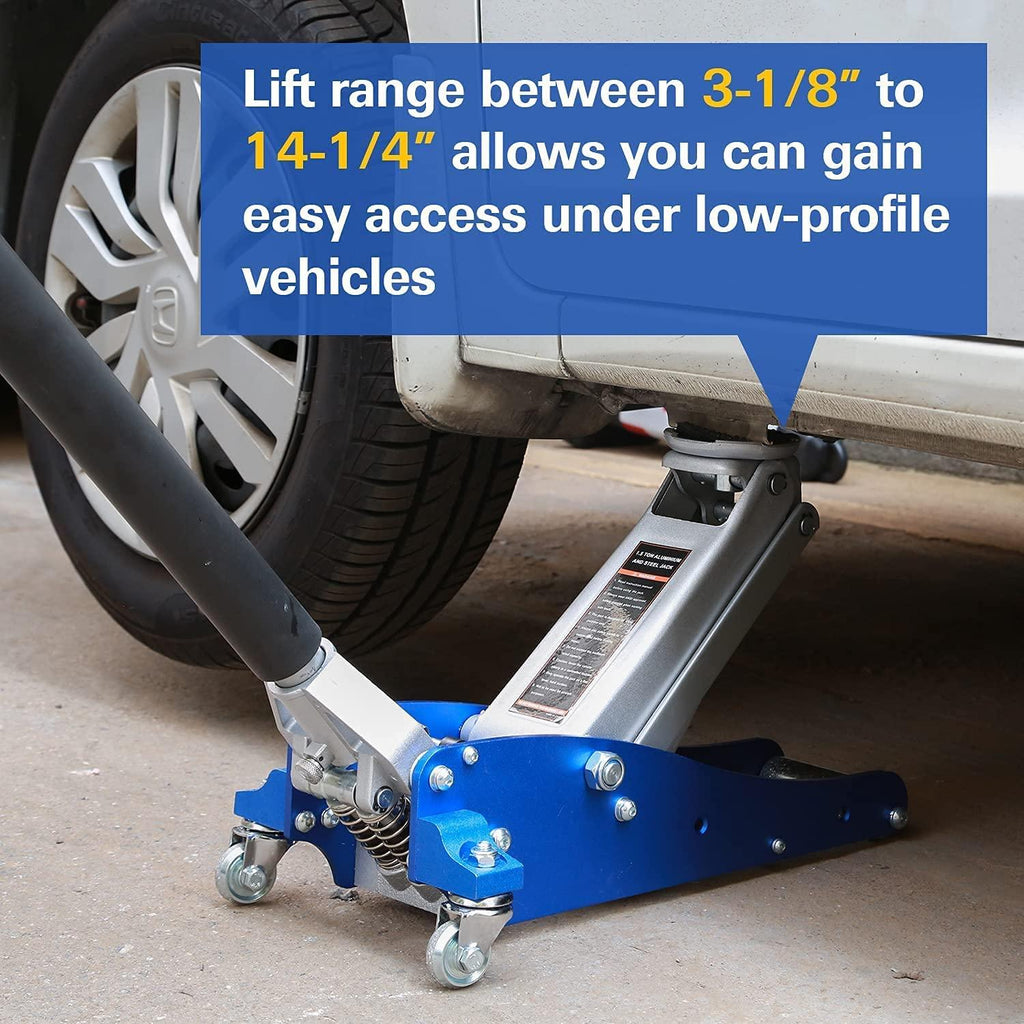 Aluminum and Steel Floor Jack, Low Profile Hydraulic Racing Floor Jack with Dual Piston Rapid Pump, 1.5 Ton Capacity (3,000 lb) , Blue