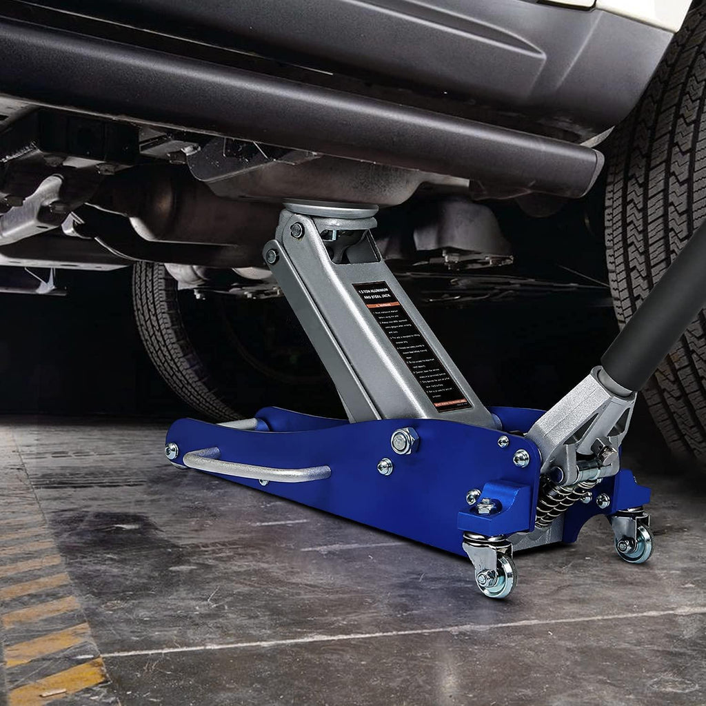 Aluminum and Steel Floor Jack, Low Profile Hydraulic Racing Floor Jack with Dual Piston Rapid Pump, 1.5 Ton Capacity (3,000 lb) , Blue